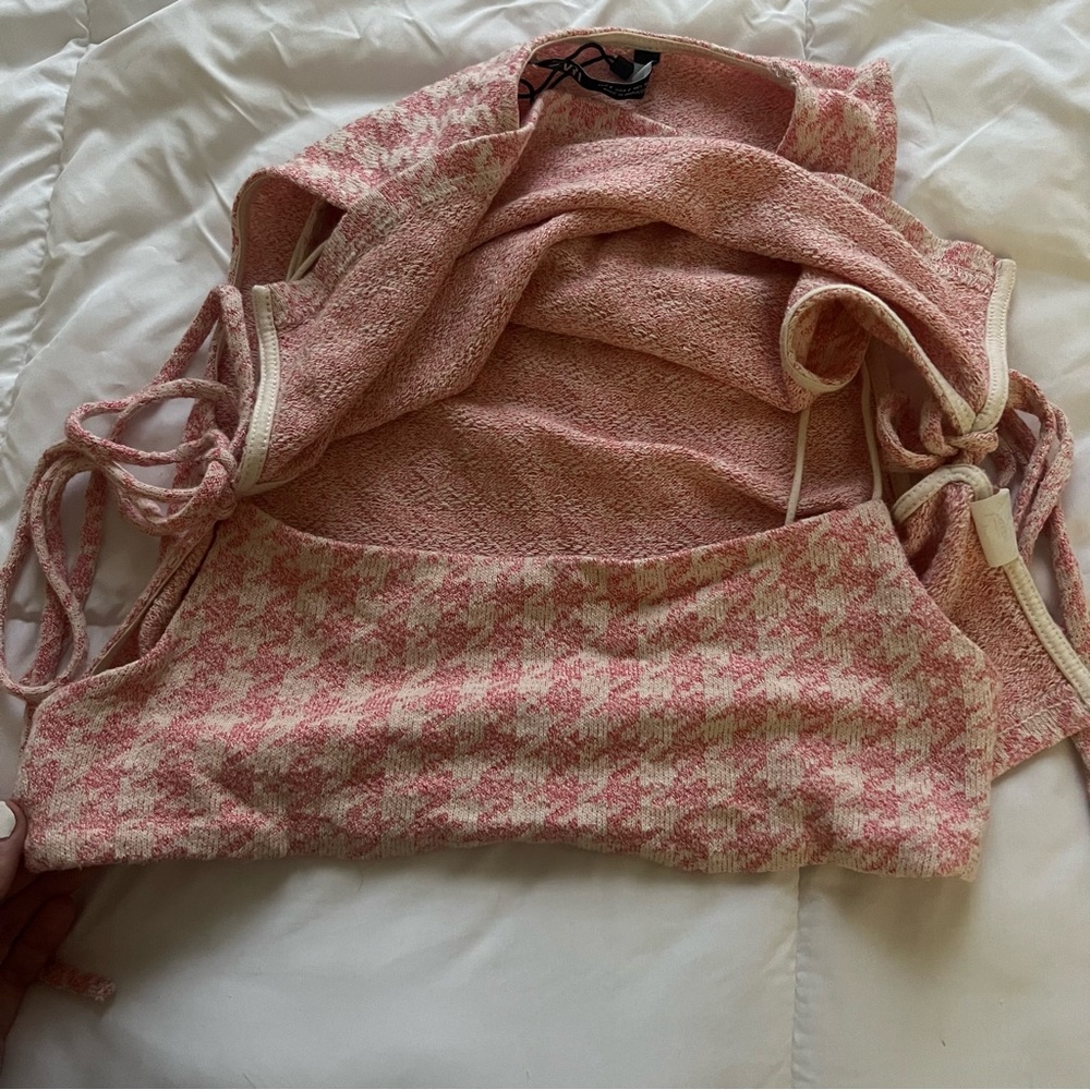 NWT Zara Houndstooth Retro Knit Halter Crop Top With Bralette Attached - Picture 12 of 13
